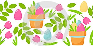 Washi tapes. Easter pattern of tulips and flower pot with decorative eggs in cartoon style.