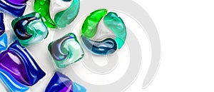 Washing capsules, colorful laundry pods border design. Colorful Soluble capsules with laundry gel