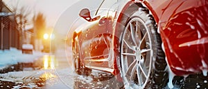 Washing car with highpressure water and white soap foam at manual car wash. Concept Car Cleaning,