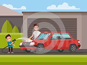 Washing of car outdoors. Father and son are washing car. Vector