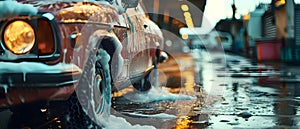 Washing a Car with White Soap Foam and High-Pressure Water at a Manual Car Wash. Concept Car Wash