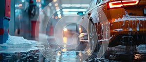 Washing car with white soap foam and highpressure water at manual car wash. Concept Car Washing,