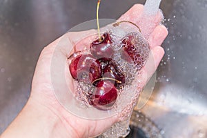 Washing cherries under running water in the hand of a woman