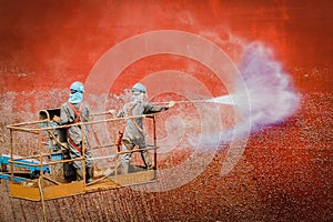 Washing and cleaning on side cargo ship in shipyard