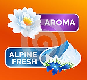 Washing clothes sticker, White lotus flower and alpine freshness symbol with mountains and flowers, laundry detergent