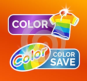 Washing clothes stickers set, Polo shirt and colorful garment symbols for label, color icon set, vector illustration