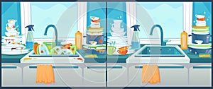 Washing dishes in sink. Dirty dish in kitchen, clean plates and messy dinnerware cartoon vector illustration