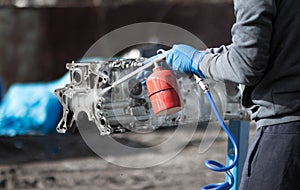 Washing the engine block. Disassembled engine from the car