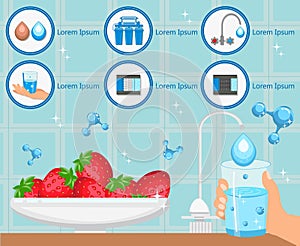 Washing Fruit with Purified Water. Vector.