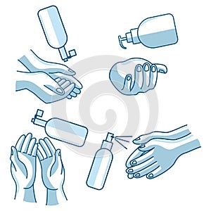Washing hand with sanitizer liquid Care vector icon Set
