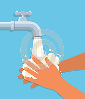 Washing hand with tap. Child cleans hands with soap under running water. Concept of cleansing, disinfection, personal hygiene