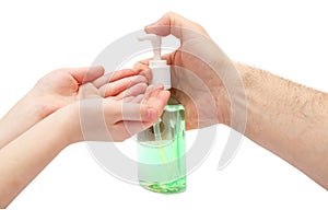 Washing hands with alcohol gel or antibacterial soap sanitizer. Hygiene concept. prevent the spread of germs and