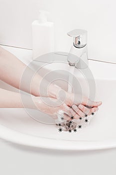 Washing hands with antibacterial soap in hot water to protect against spread of coronavirus germs
