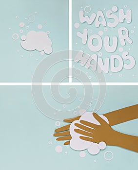 Washing Hands concept. Set of three posters with Hand washing with soap in pandemic time.