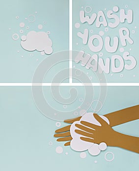 Washing Hands concept. Set of three posters with Hand washing with soap in pandemic time. photo