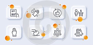 Washing hands, Ethics and Buyer line icons pack. For web app. 3d glass buttons. Vector