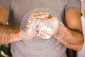 Washing hands rubbing with soap man for corona virus prevention, hygiene to stop spreading coronavirus