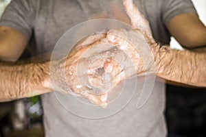 Washing hands rubbing with soap man for corona virus prevention, hygiene to stop spreading coronavirus