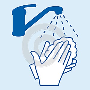 Washing hands with soap. Covid-19 prevention gesture. Blue illustration.