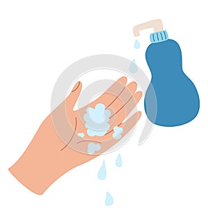 Washing hands with soap. Hand draw hands with water bubbles and sanitizer. Hygiene, health, protection against viruses and