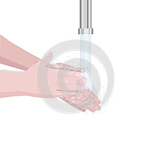 Washing hands with soap under running water. Hygiene. White background, isolate. Vector illustration