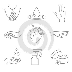 Washing hands - spa, beauty salon  symbols of wellness, cleaning, protection, health care. Linear vector icons.