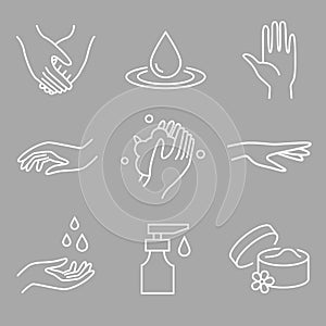 Washing hands - spa, beauty salon  symbols of wellness, cleaning, protection, health care. Linear vector icons.