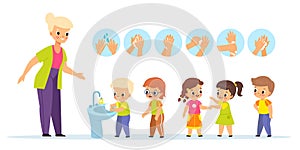 Washing hands teach. Children characters with kindergarten teacher, proper arms wash schemes, kids education, babies