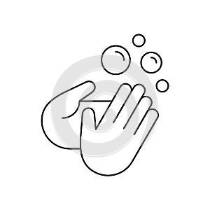 Washing hands thin line icon. Human palms and soap bubbles.