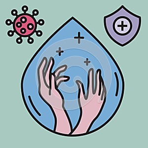 Washing hands with water drop, keep clean, vector