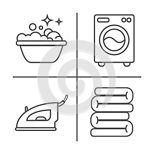 Washing, ironing, clean laundry line icons.