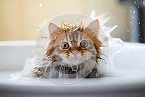 Washing a Kitten, a Wet Cat in Bubble Bath, Foam, Bathing a Cat, Shower, Pet Care Concept, Kitty Hygiene