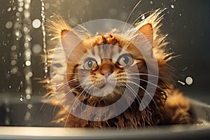 Washing a Kitten, a Wet Cat in Bubble Bath, Foam, Bathing a Cat, Shower, Pet Care Concept, Kitty Hygiene