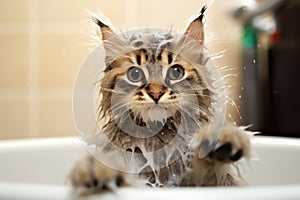 Washing a Kitten, a Wet Cat in Bubble Bath, Foam, Bathing a Cat, Shower, Pet Care Concept, Kitty Hygiene