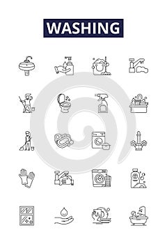 Washing line vector icons and signs. Wiping, Scouring, Showering, Flushing, Cleaning, Soaking, Wringing, Sudsing outline