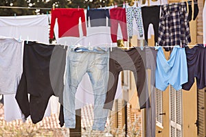 Washing lines with clothes drying