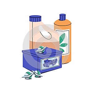 Washing liquid powder bottles. Organic laundry gel, flavor fabric softener. Box of detergent capsules. Housework