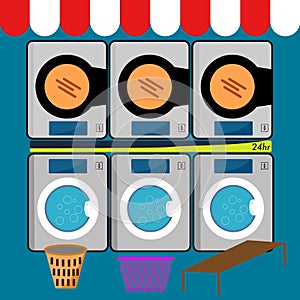 Washing machine 24 hr and laundry basket at laundromat. Flat style illustration