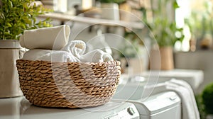 washing machine and basket with clean and dirty things, house cleaning