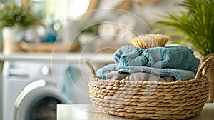 washing machine and basket with clean and dirty things, house cleaning