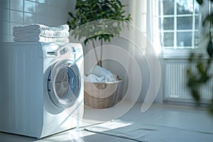 washing machine and basket with clean and dirty things, house cleaning