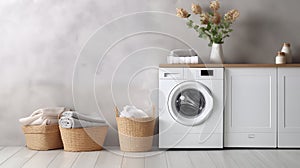 washing machine and basket with clean and dirty things, house cleaning
