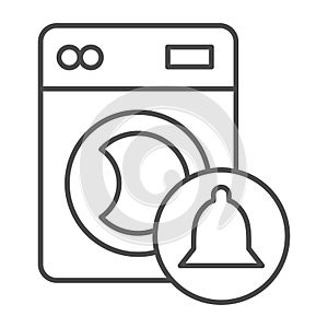 Washing machine and bell badge thin line icon, washing concept. Vector graphics. Wash scheduling, notification sign on