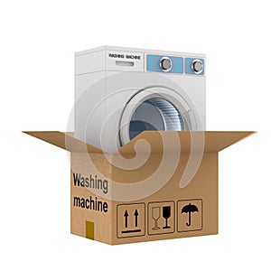 Washing machine into box on white background. Isolated 3d illustration