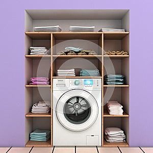 Washing machine with built-in wall shelves