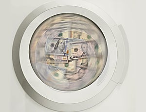 Washing machine cleaning lots of dollar banknotes - concpt showing money laundering, dirty money, hidden wages, salaries photo
