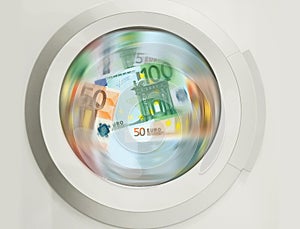 Washing machine cleaning lots of Euro banknotes - concpt showing money laundering, dirty money, hidden wages, salaries black payme