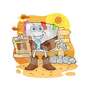 Washing machine cowboy with wanted paper. cartoon mascot vector