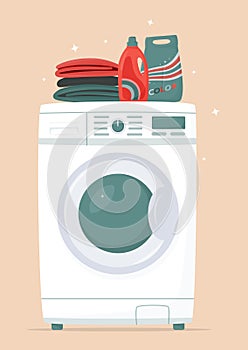 Washing machine, detergents and clean linen in flat style. Washing clothes. Modern laundromat, home appliance for household chores