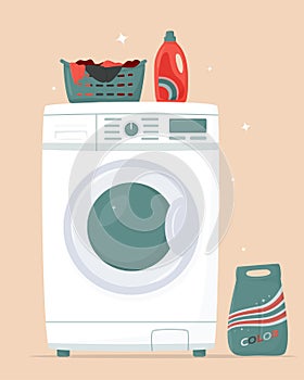 Washing machine, detergents and laundry basket in flat style. Washing clothes. Modern laundromat, home appliance for household